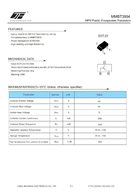MMBT3904 200mW NPN Transistor in plastica incapsulati senza luce e SOT-23 Package